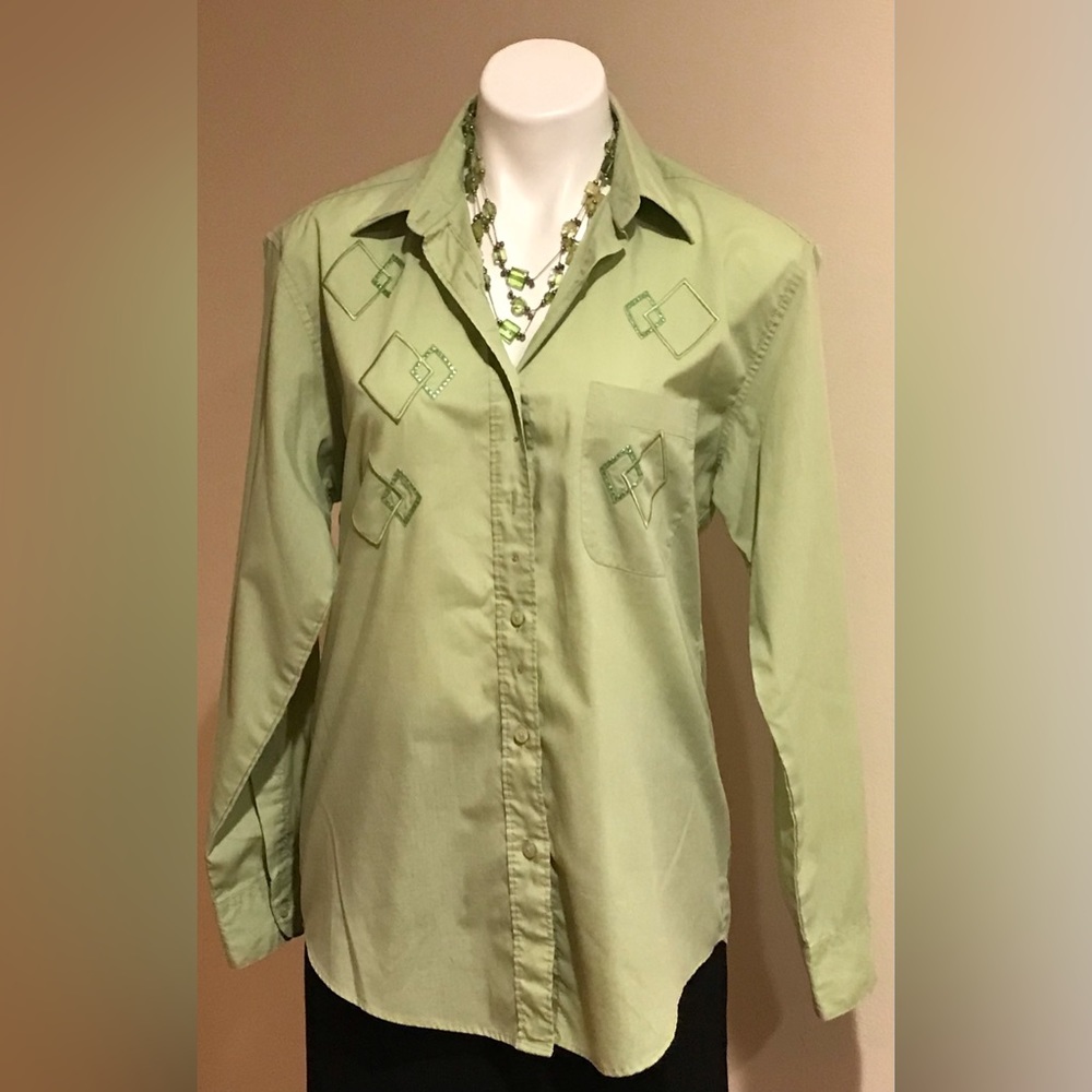 Las Olas Button Down Long Sleeve Collard Dimond Shape Green Shirt Size Small